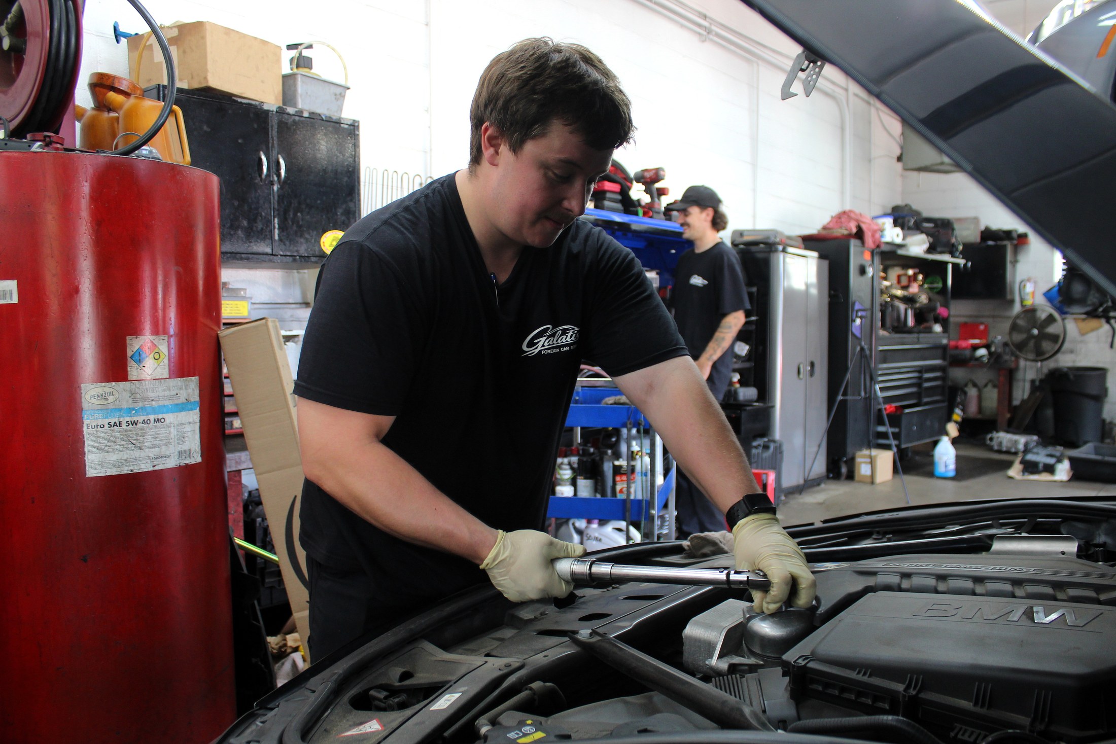 Wide view of the six clean service bays at Galati's Foreign Car Service